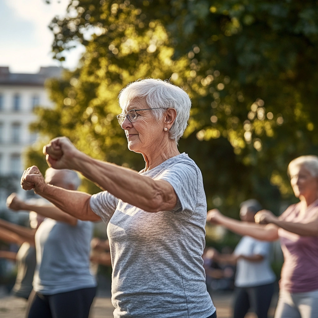 Група літніх людей займається фізичними вправами та соціалізується