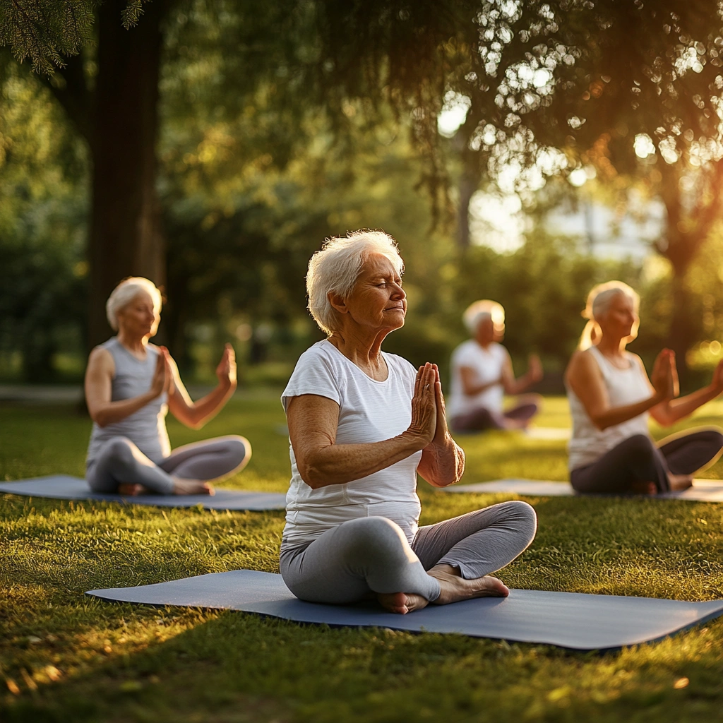 Літні люди займаються йогою на свіжому повітрі