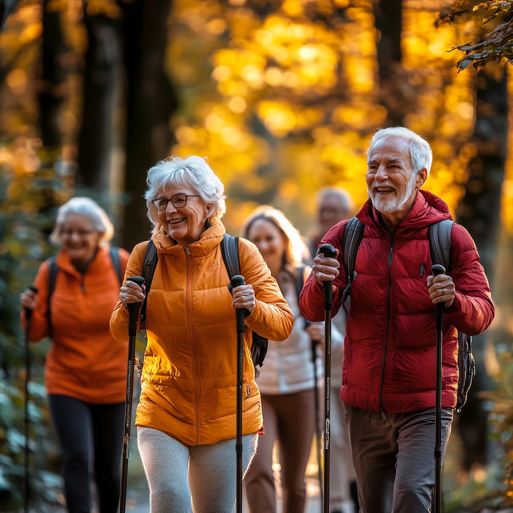 Скандинавська ходьба в парку серед літніх людей